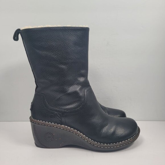 UGG Shoes - UGG Hartley Women's Black Leather Mid-Calf Wedge Boots S/N1001891 US Size 9
